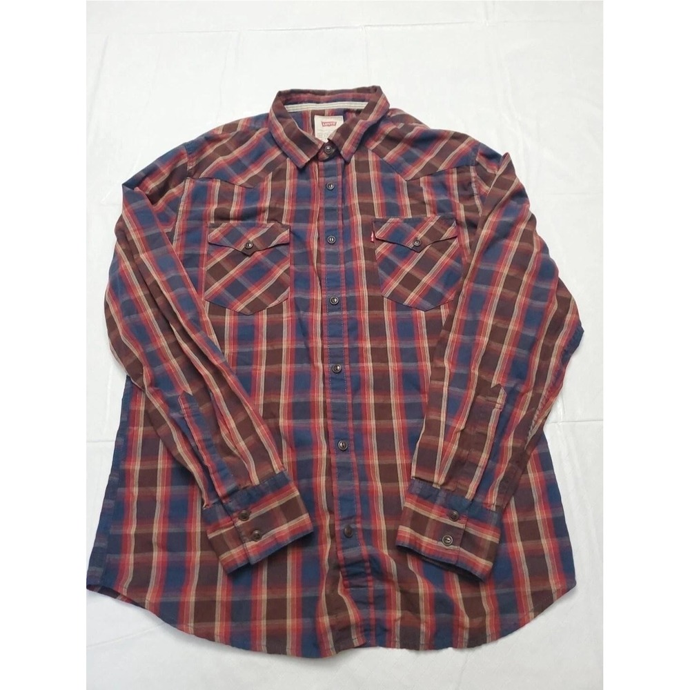 Levis Shirt Mens Large Red Blue Brown Plaid Western Pearl Snap Pockets Casual